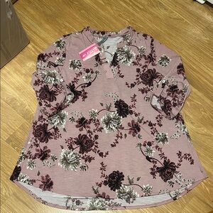 Honeyme Mauve and Black Floral Tunic v neck soft and stretchy XXL